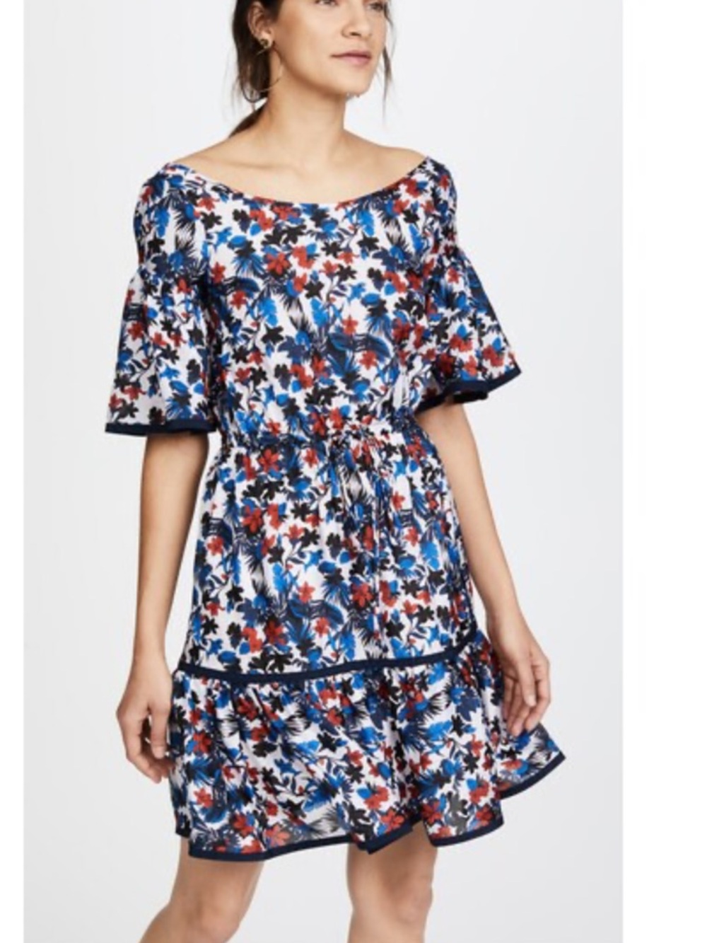 Milly Off-Shoulder Floral Mini Dress in Blue & Red